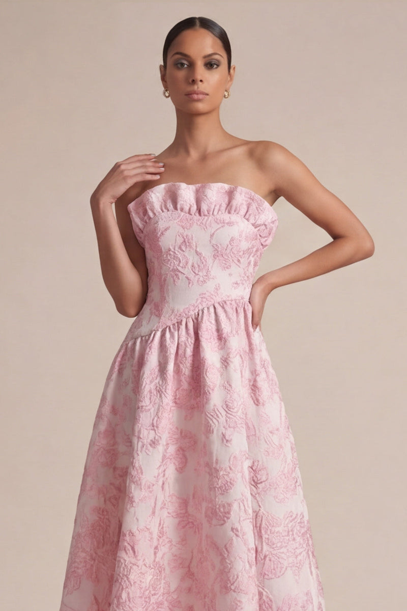 Laden Sie das Bild in den Galerie-Viewer, Rosa trägerloses A-Linie florales Midi-Hochzeitskleid