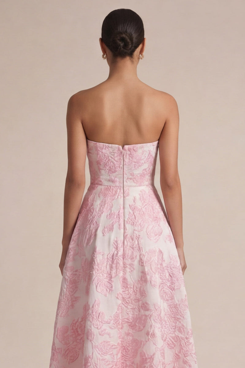 Laden Sie das Bild in den Galerie-Viewer, Rosa trägerloses A-Linie florales Midi-Hochzeitskleid