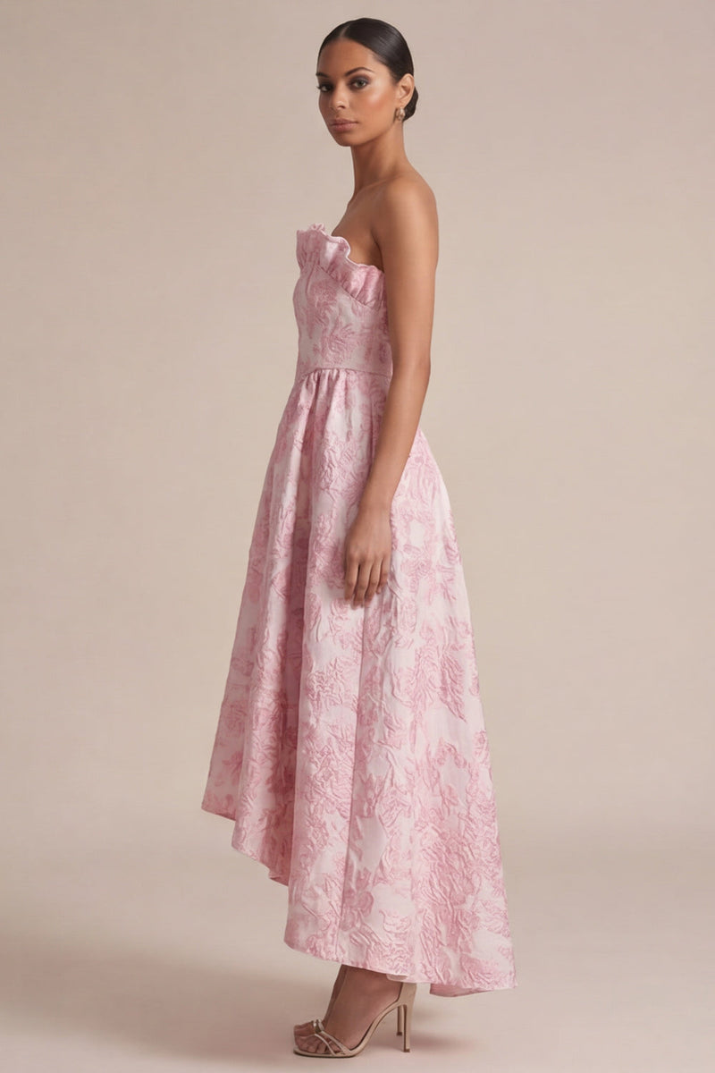 Laden Sie das Bild in den Galerie-Viewer, Rosa trägerloses A-Linie florales Midi-Hochzeitskleid