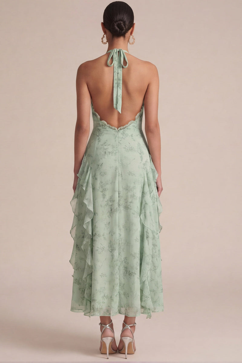 Laden Sie das Bild in den Galerie-Viewer, Salbei-Halter-bedrucktes Midi-Hochzeitskleid mit 3D-Blumen