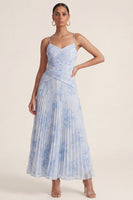 Laden Sie das Bild in den Galerie-Viewer, Hellblaues A-Linie geplissiertes Spaghettiträger-Kleid mit Blumen