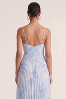 Laden Sie das Bild in den Galerie-Viewer, Hellblaues A-Linie geplissiertes Spaghettiträger-Kleid mit Blumen