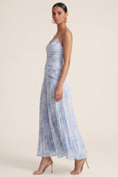 Laden Sie das Bild in den Galerie-Viewer, Hellblaues A-Linie geplissiertes Spaghettiträger-Kleid mit Blumen