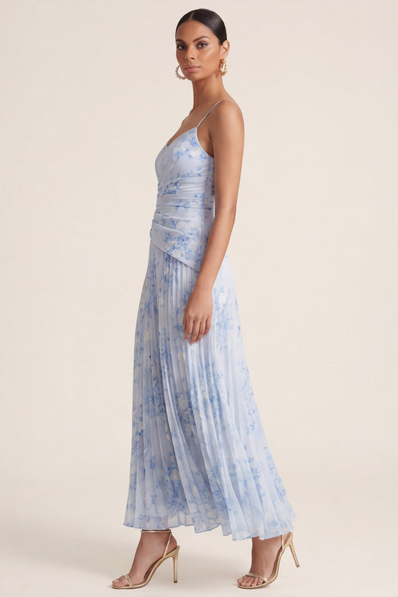 Laden Sie das Bild in den Galerie-Viewer, Hellblaues A-Linie geplissiertes Spaghettiträger-Kleid mit Blumen