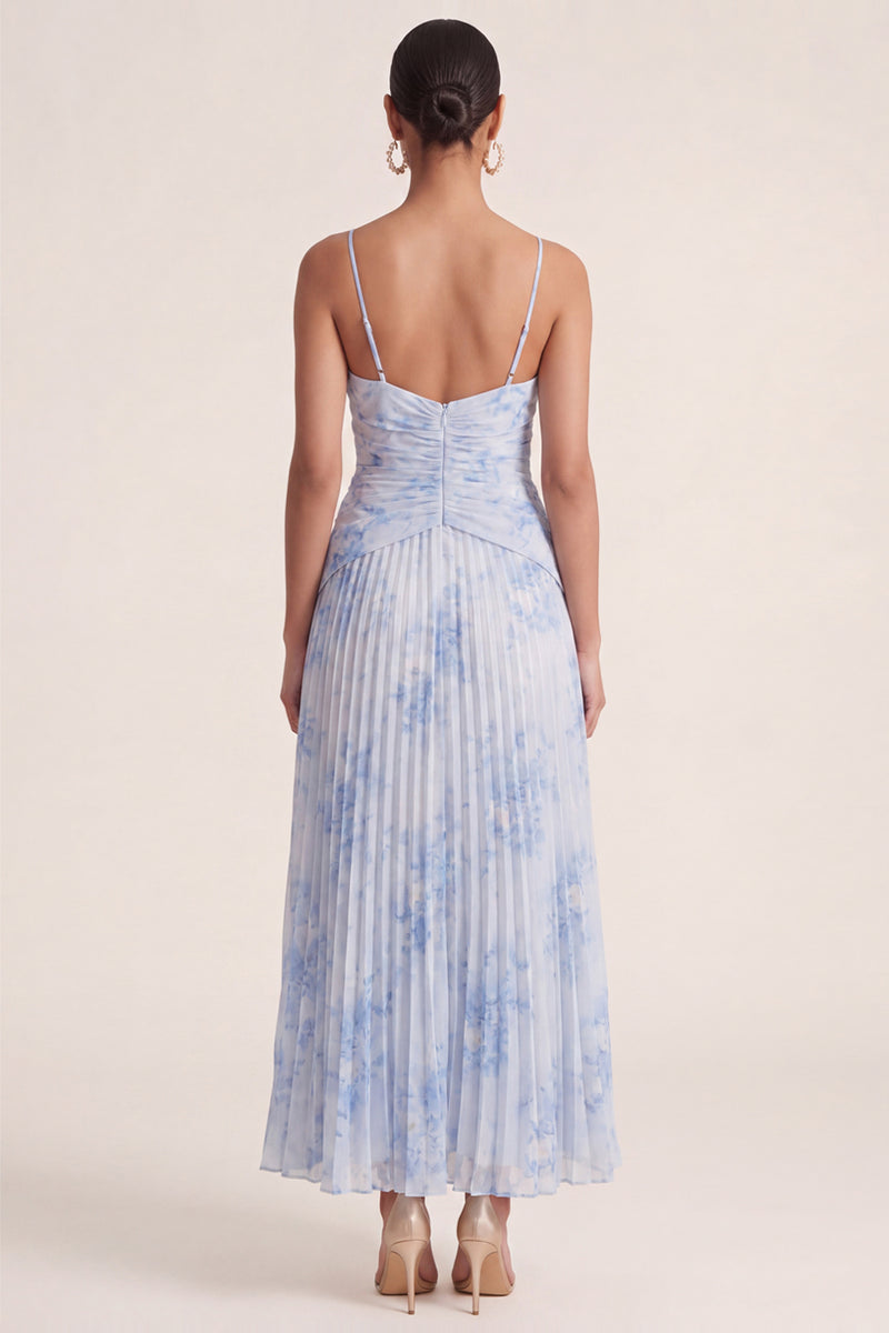 Laden Sie das Bild in den Galerie-Viewer, Hellblaues A-Linie geplissiertes Spaghettiträger-Kleid mit Blumen