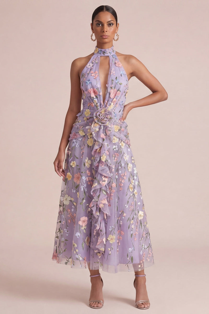 Laden Sie das Bild in den Galerie-Viewer, Lila appliquiertes Neckholder, ein ausgeschnittenes, rüschendes Midikleid mit 3D-Blumen