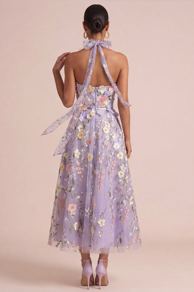 Laden Sie das Bild in den Galerie-Viewer, Lila appliquiertes Neckholder, ein ausgeschnittenes, rüschendes Midikleid mit 3D-Blumen