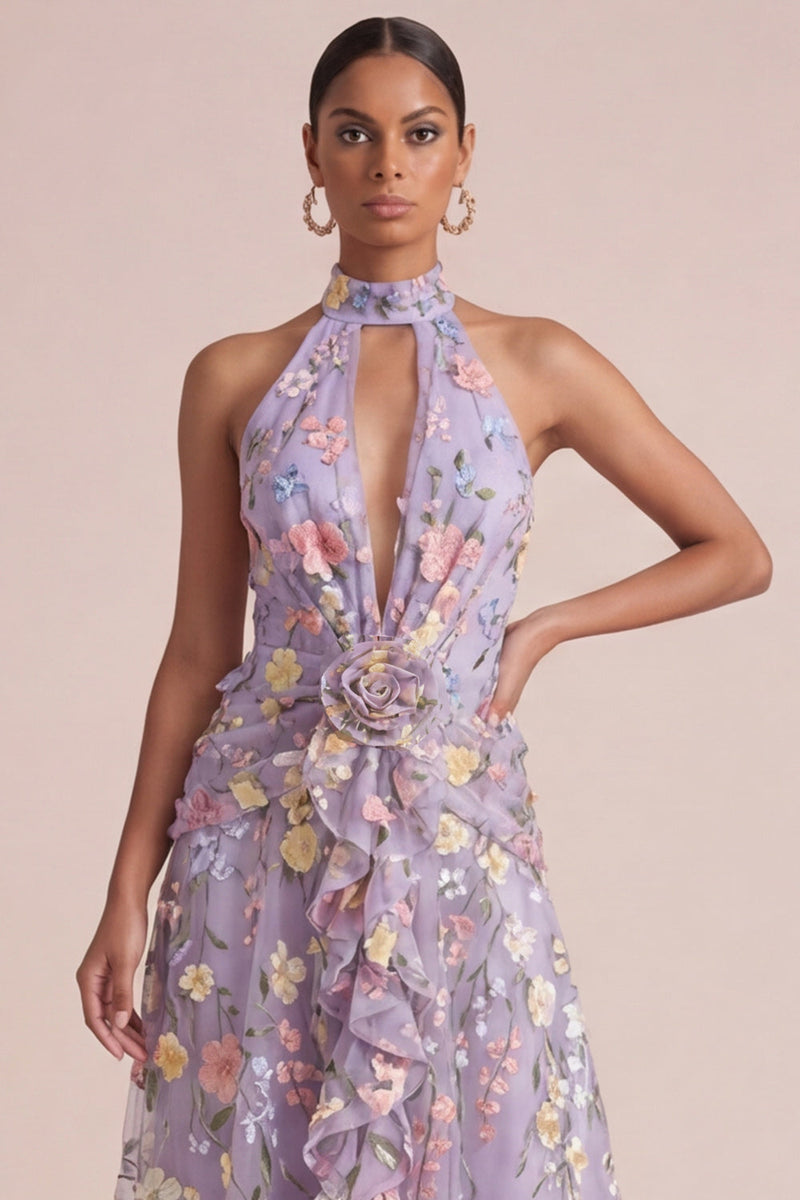 Laden Sie das Bild in den Galerie-Viewer, Lila appliquiertes Neckholder, ein ausgeschnittenes, rüschendes Midikleid mit 3D-Blumen