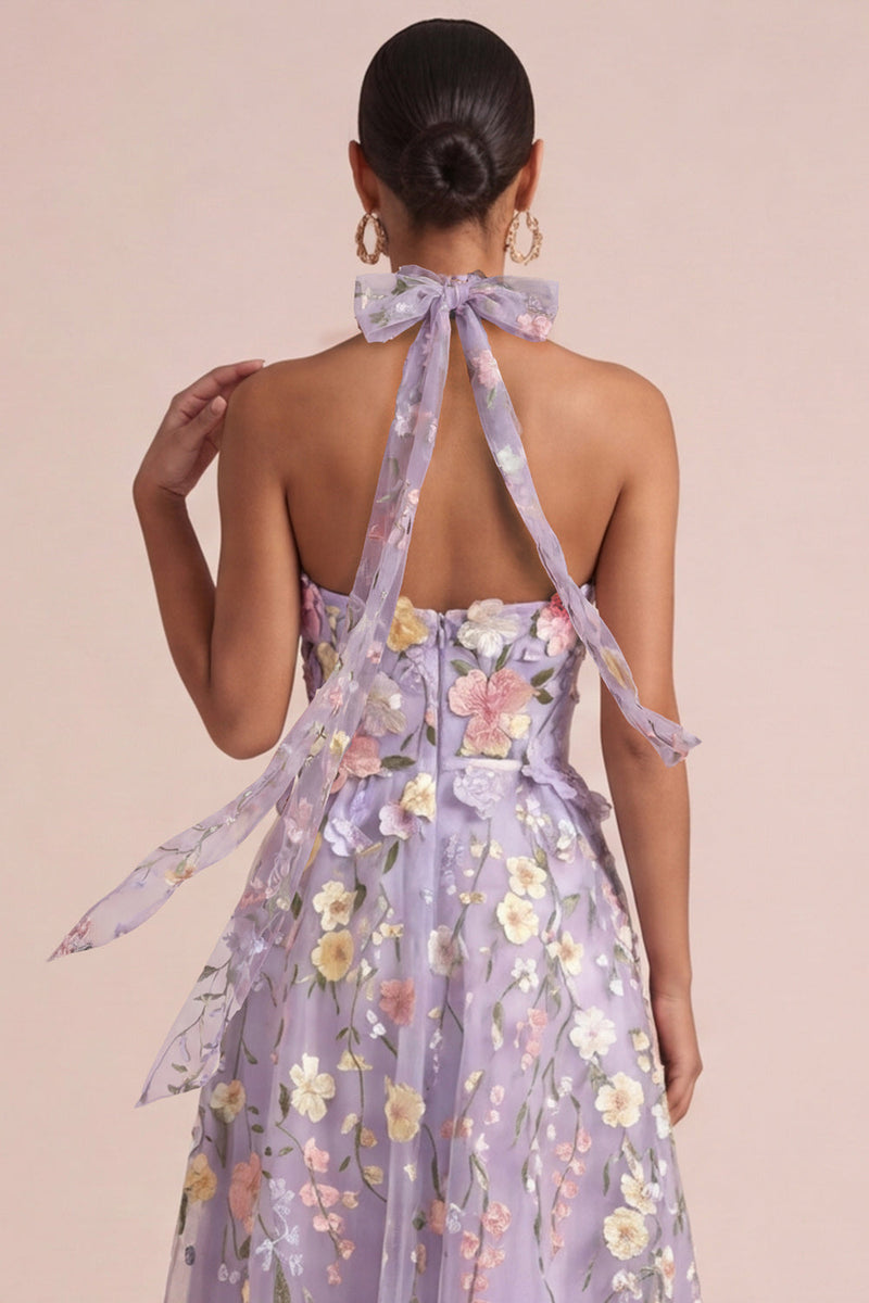 Laden Sie das Bild in den Galerie-Viewer, Lila appliquiertes Neckholder, ein ausgeschnittenes, rüschendes Midikleid mit 3D-Blumen