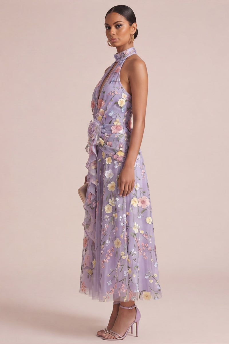 Laden Sie das Bild in den Galerie-Viewer, Lila appliquiertes Neckholder, ein ausgeschnittenes, rüschendes Midikleid mit 3D-Blumen