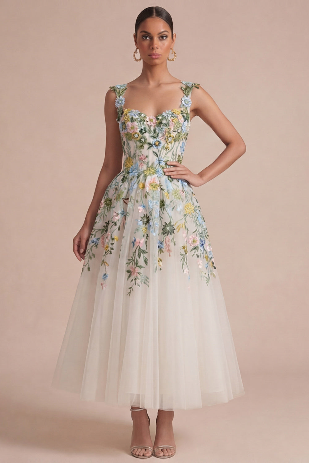 Weißes florales A-Linie Korsett, quadratischer Ausschnitt Midi-Kleid