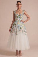 Laden Sie das Bild in den Galerie-Viewer, Weißes florales A-Linie Korsett, quadratischer Ausschnitt Midi-Kleid