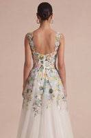 Laden Sie das Bild in den Galerie-Viewer, Weißes florales A-Linie Korsett, quadratischer Ausschnitt Midi-Kleid
