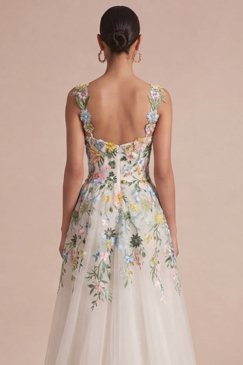 Laden Sie das Bild in den Galerie-Viewer, Weißes florales A-Linie Korsett, quadratischer Ausschnitt Midi-Kleid