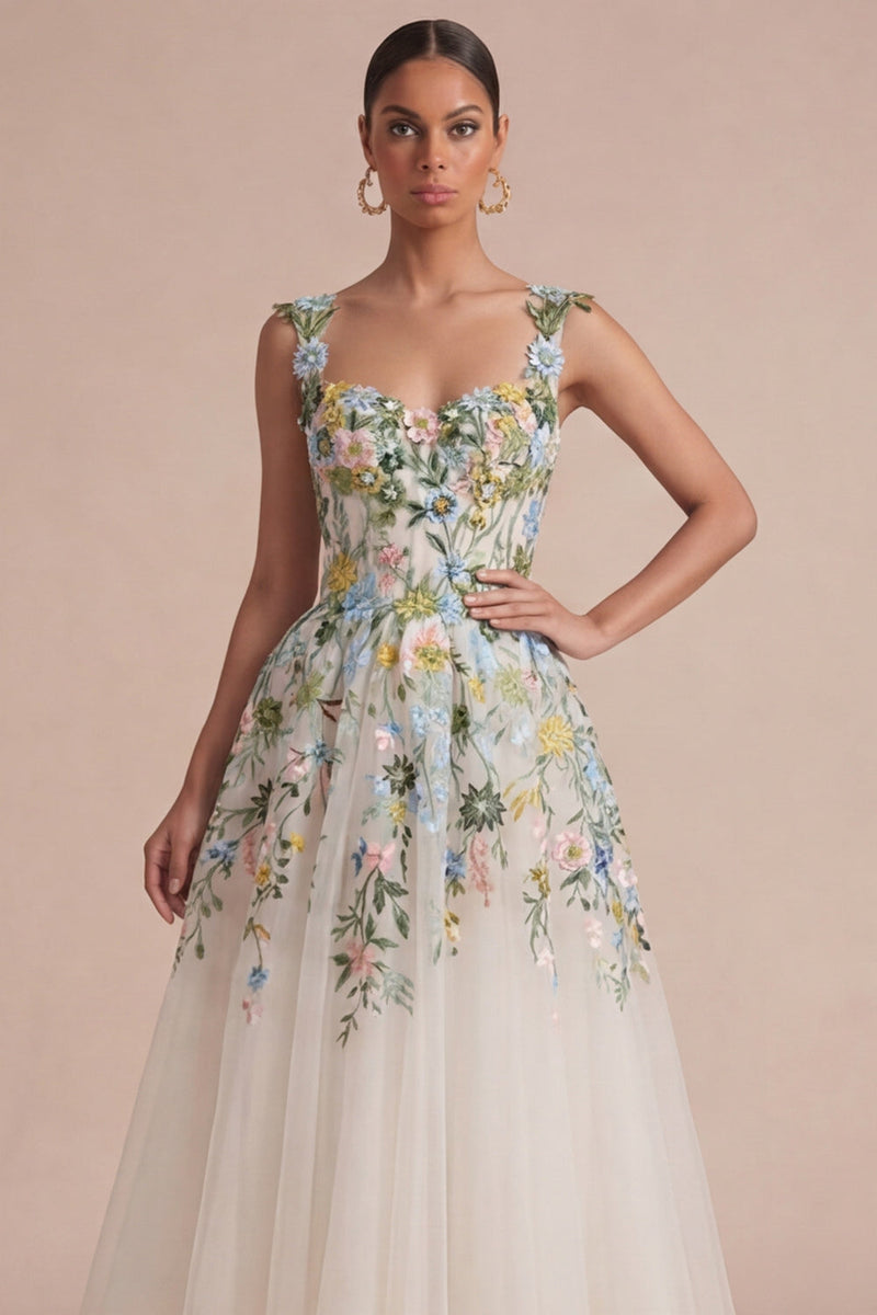 Laden Sie das Bild in den Galerie-Viewer, Weißes florales A-Linie Korsett, quadratischer Ausschnitt Midi-Kleid