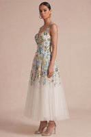 Laden Sie das Bild in den Galerie-Viewer, Weißes florales A-Linie Korsett, quadratischer Ausschnitt Midi-Kleid