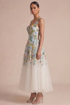 Weißes florales A-Linie Korsett, quadratischer Ausschnitt Midi-Kleid