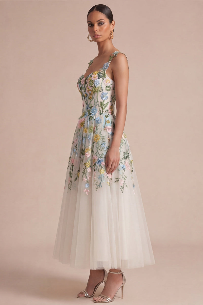 Laden Sie das Bild in den Galerie-Viewer, Weißes florales A-Linie Korsett, quadratischer Ausschnitt Midi-Kleid