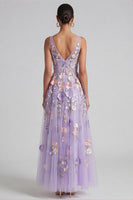 Laden Sie das Bild in den Galerie-Viewer, Flieder-Applikiertes V-Ausschnitt A-Linie Midi-Blumenkleid