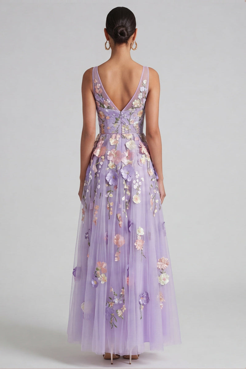 Laden Sie das Bild in den Galerie-Viewer, Flieder-Applikiertes V-Ausschnitt A-Linie Midi-Blumenkleid