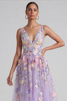 Laden Sie das Bild in den Galerie-Viewer, Flieder-Applikiertes V-Ausschnitt A-Linie Midi-Blumenkleid