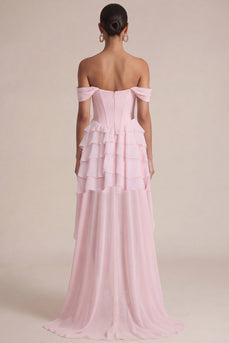Off-the-shoulder Pink A-Linie Rüschenkorsett Hochzeitskleider