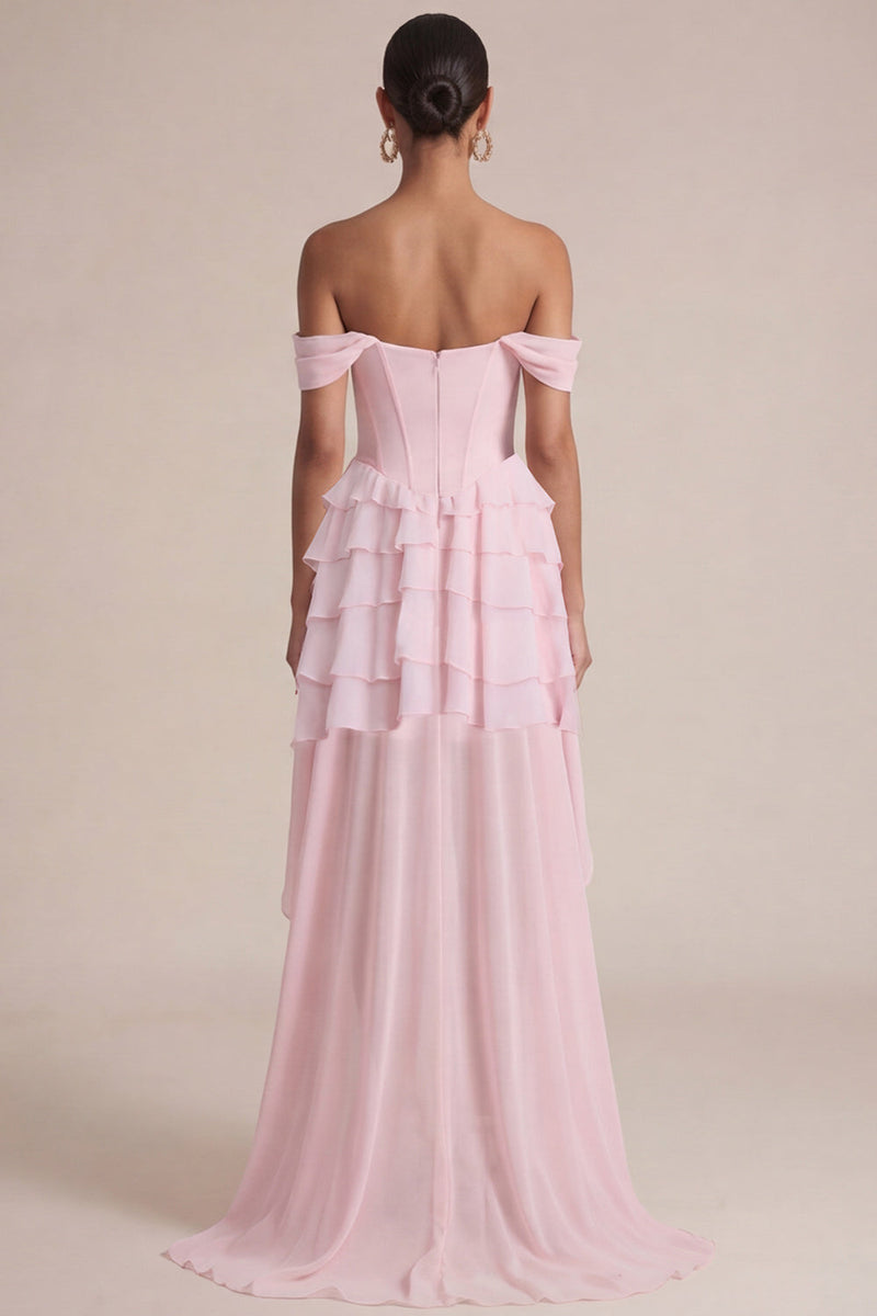 Laden Sie das Bild in den Galerie-Viewer, Off-the-shoulder Pink A-Linie Rüschenkorsett Hochzeitskleider