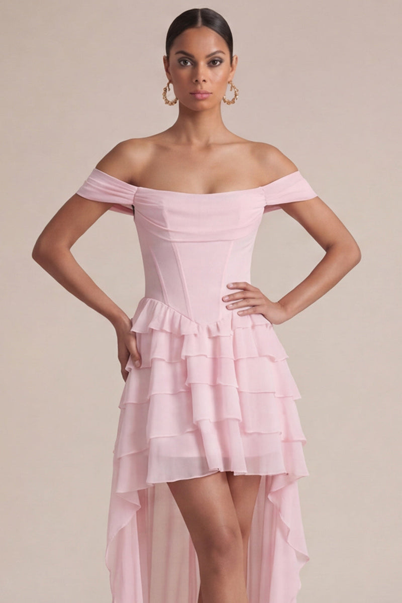 Laden Sie das Bild in den Galerie-Viewer, Off-the-shoulder Pink A-Linie Rüschenkorsett Hochzeitskleider