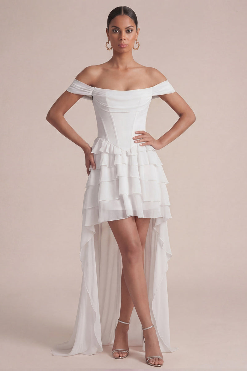 Laden Sie das Bild in den Galerie-Viewer, Off-the-shoulder Pink A-Linie Rüschenkorsett Hochzeitskleider