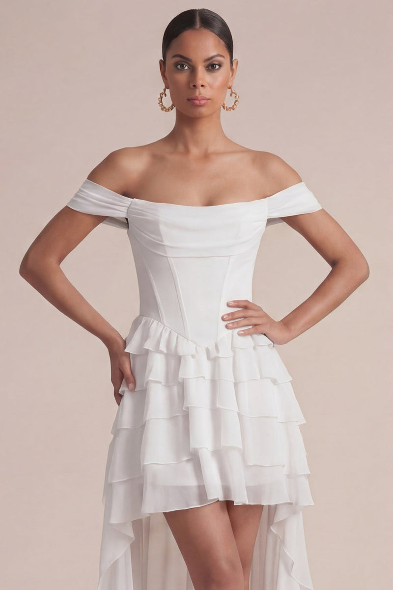 Laden Sie das Bild in den Galerie-Viewer, Off-the-shoulder Pink A-Linie Rüschenkorsett Hochzeitskleider