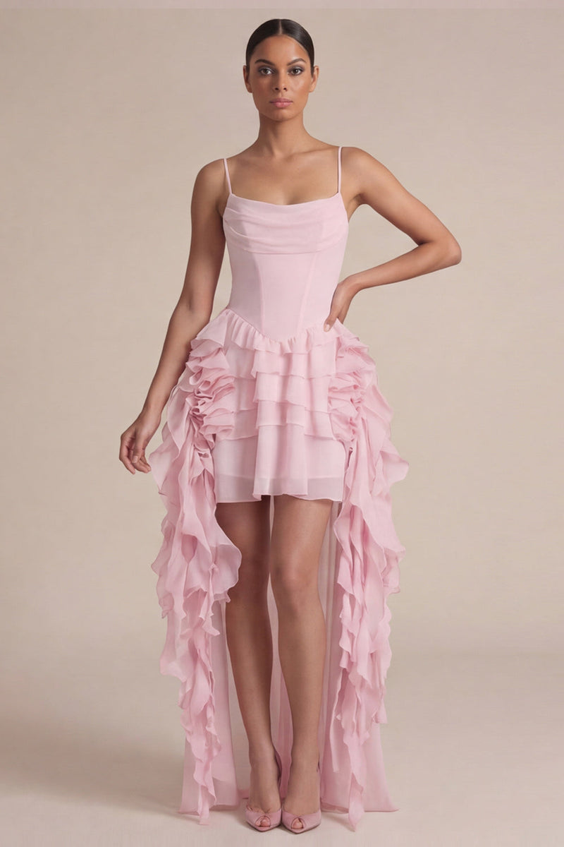 Laden Sie das Bild in den Galerie-Viewer, Rosa Korsett A Linie gestuftes Rüschen-Mini-Kleid