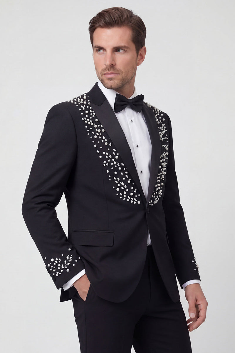 Laden Sie das Bild in den Galerie-Viewer, Glitzernde schwarze zweiteilige Einknopf-Schal-Revers Herren-Hochzeitsanzüge