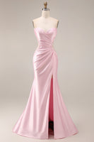 Laden Sie das Bild in den Galerie-Viewer, Rosa Satin-Meerjungfrauen-Sweetheart gerafftes langes Abschlussballkleid mit Schlitz
