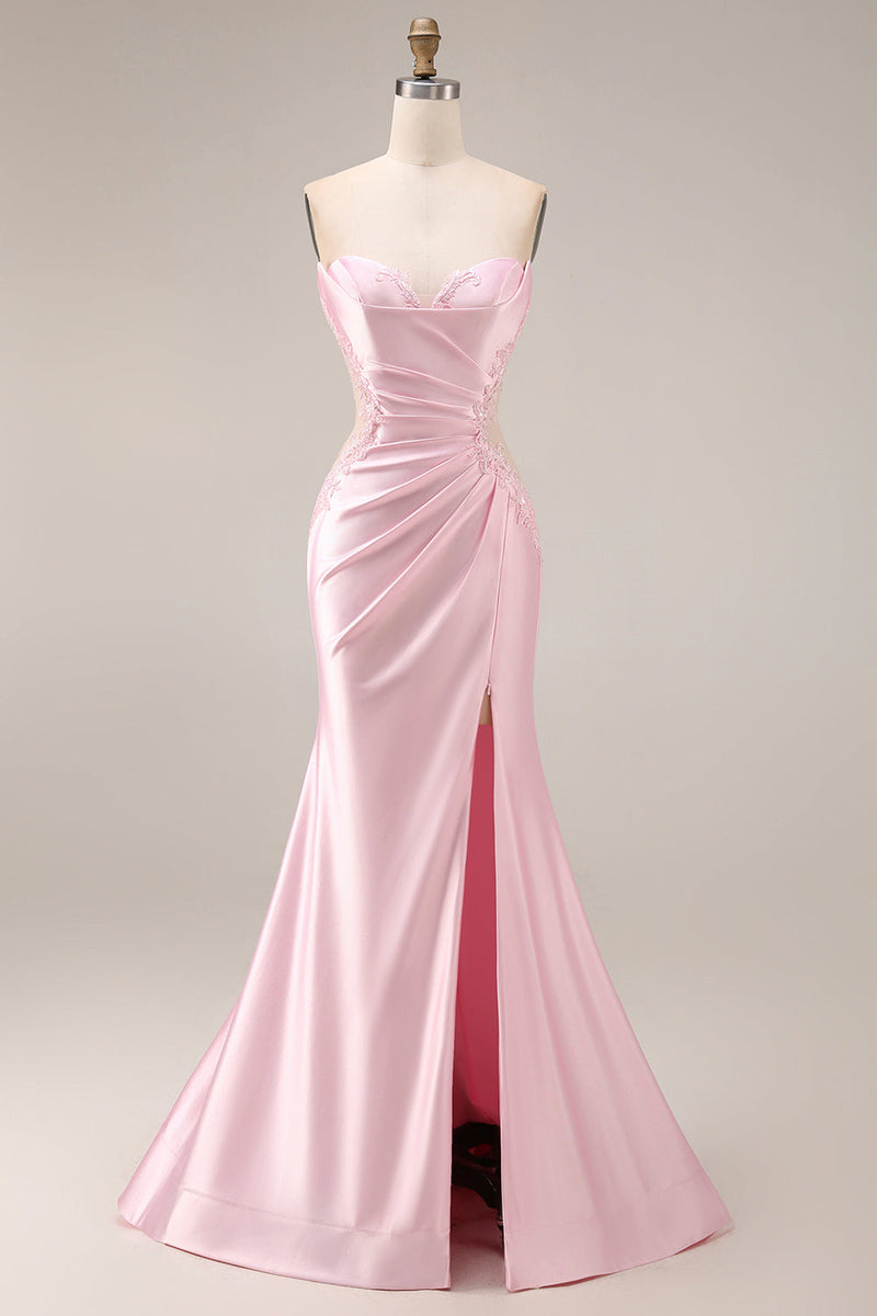 Laden Sie das Bild in den Galerie-Viewer, Rosa Satin-Meerjungfrauen-Sweetheart gerafftes langes Abschlussballkleid mit Schlitz