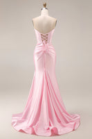 Laden Sie das Bild in den Galerie-Viewer, Rosa Satin-Meerjungfrauen-Sweetheart gerafftes langes Abschlussballkleid mit Schlitz