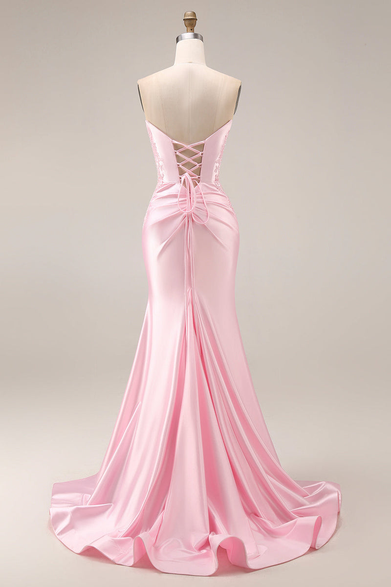 Laden Sie das Bild in den Galerie-Viewer, Rosa Satin-Meerjungfrauen-Sweetheart gerafftes langes Abschlussballkleid mit Schlitz