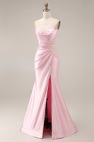 Laden Sie das Bild in den Galerie-Viewer, Rosa Satin-Meerjungfrauen-Sweetheart gerafftes langes Abschlussballkleid mit Schlitz
