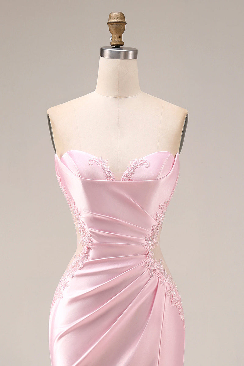 Laden Sie das Bild in den Galerie-Viewer, Rosa Satin-Meerjungfrauen-Sweetheart gerafftes langes Abschlussballkleid mit Schlitz