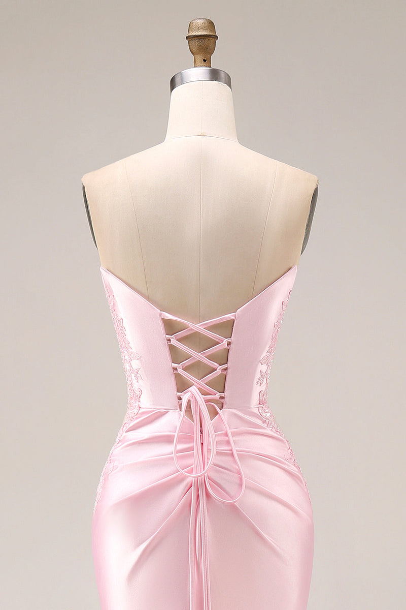 Laden Sie das Bild in den Galerie-Viewer, Rosa Satin-Meerjungfrauen-Sweetheart gerafftes langes Abschlussballkleid mit Schlitz