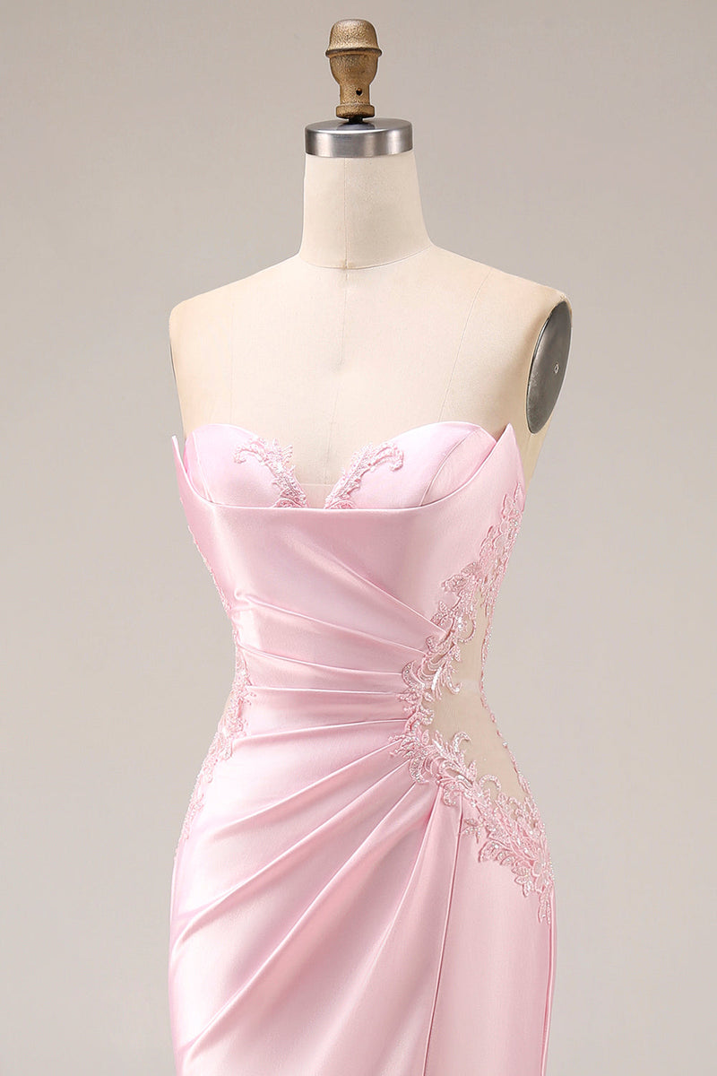 Laden Sie das Bild in den Galerie-Viewer, Rosa Satin-Meerjungfrauen-Sweetheart gerafftes langes Abschlussballkleid mit Schlitz
