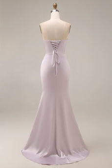 Satin-Meerjungfrau, hellviolettes Sweetheart, gerafftes, langes Abschlussballkleid mit Perlen und Schlitz