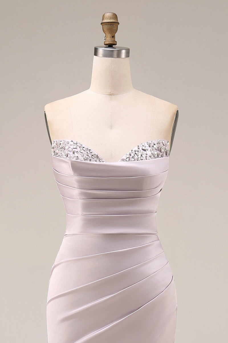 Laden Sie das Bild in den Galerie-Viewer, Satin-Meerjungfrau, hellviolettes Sweetheart, gerafftes, langes Abschlussballkleid mit Perlen und Schlitz