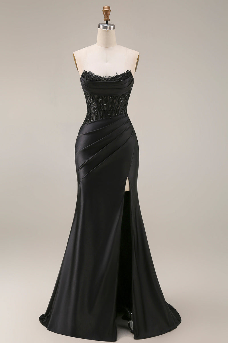 Laden Sie das Bild in den Galerie-Viewer, Satin Meerjungfrau Schwarzes Sweetheart Transparentes Korsett mit Perlen, Perlen, langes Abschlussballkleid mit Schlitz