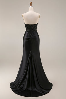 Satin Meerjungfrau Schwarzes Sweetheart Transparentes Korsett mit Perlen, Perlen, langes Abschlussballkleid mit Schlitz