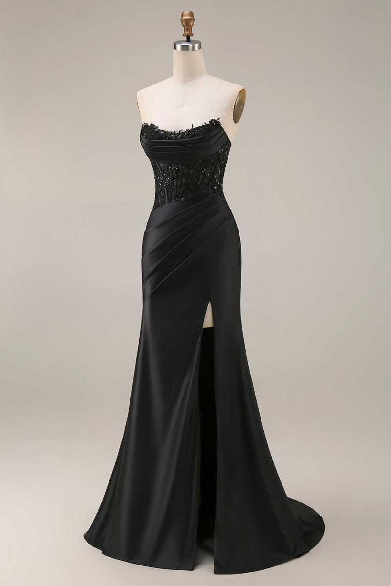 Laden Sie das Bild in den Galerie-Viewer, Satin Meerjungfrau Schwarzes Sweetheart Transparentes Korsett mit Perlen, Perlen, langes Abschlussballkleid mit Schlitz