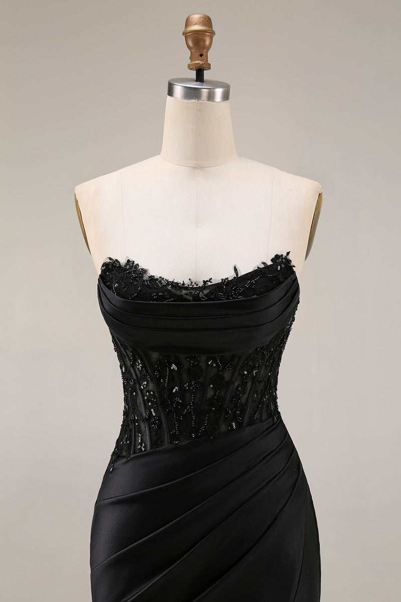 Laden Sie das Bild in den Galerie-Viewer, Satin Meerjungfrau Schwarzes Sweetheart Transparentes Korsett mit Perlen, Perlen, langes Abschlussballkleid mit Schlitz