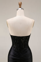 Laden Sie das Bild in den Galerie-Viewer, Satin Meerjungfrau Schwarzes Sweetheart Transparentes Korsett mit Perlen, Perlen, langes Abschlussballkleid mit Schlitz