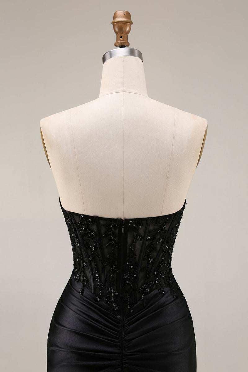 Laden Sie das Bild in den Galerie-Viewer, Satin Meerjungfrau Schwarzes Sweetheart Transparentes Korsett mit Perlen, Perlen, langes Abschlussballkleid mit Schlitz