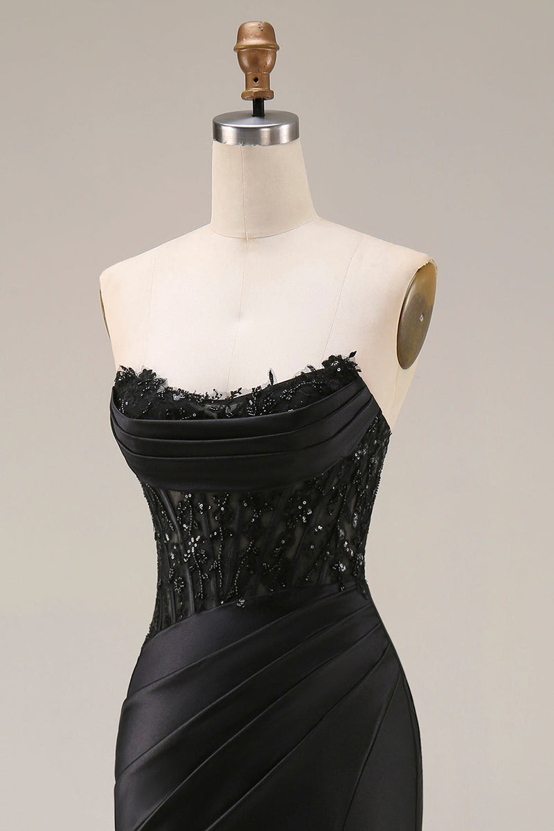 Laden Sie das Bild in den Galerie-Viewer, Satin Meerjungfrau Schwarzes Sweetheart Transparentes Korsett mit Perlen, Perlen, langes Abschlussballkleid mit Schlitz