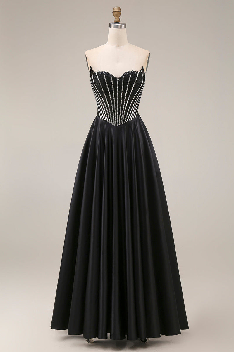 Laden Sie das Bild in den Galerie-Viewer, Satin-A-Linie schwarzes Sweetheart-Korsett, langes Abschlussballkleid